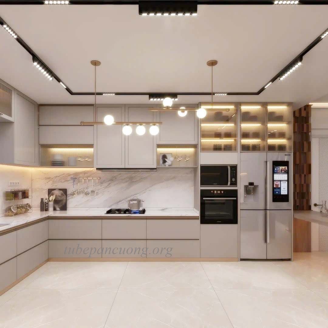Tủ bếp gỗ nhựa phủ arcylic chữ L hiện đại