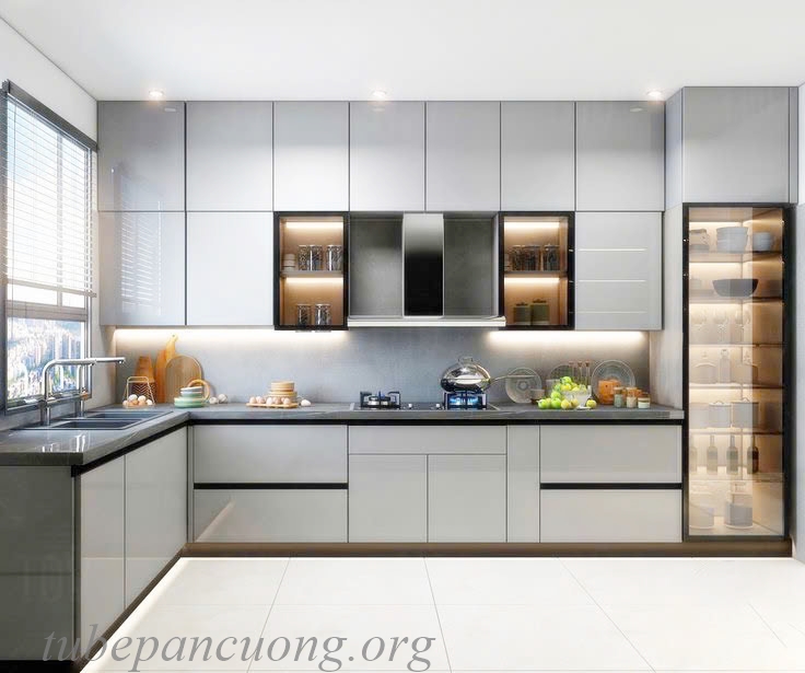 Tủ bếp gỗ nhựa phủ arcylic chữ L hiện đại
