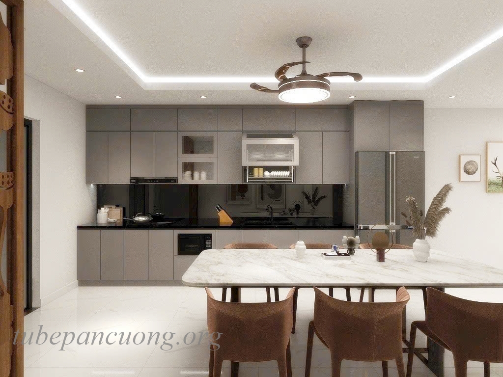 Tủ bếp gỗ nhựa cánh acrylic màu xám ghi