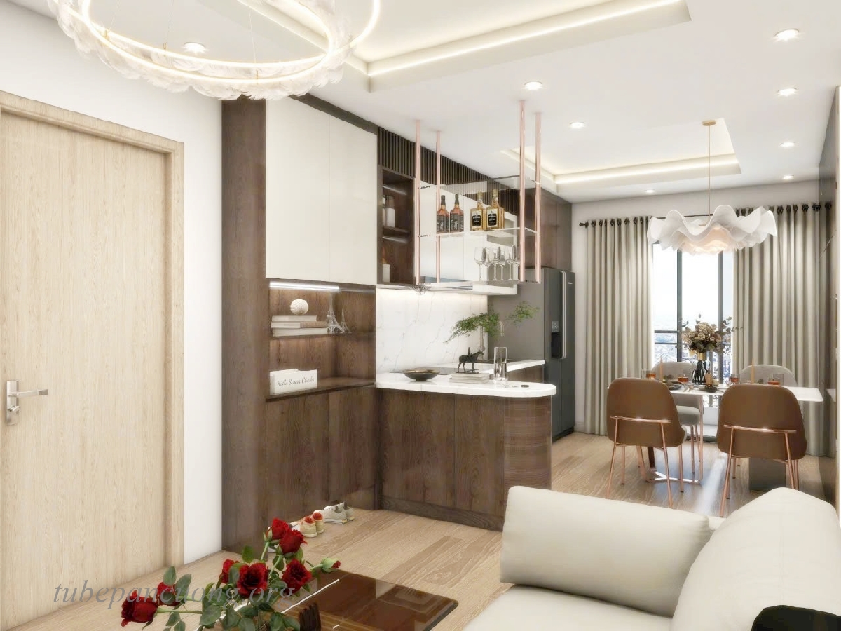 Tủ bếp gỗ nhựa sang trọng màu trắng vân gỗ PM77