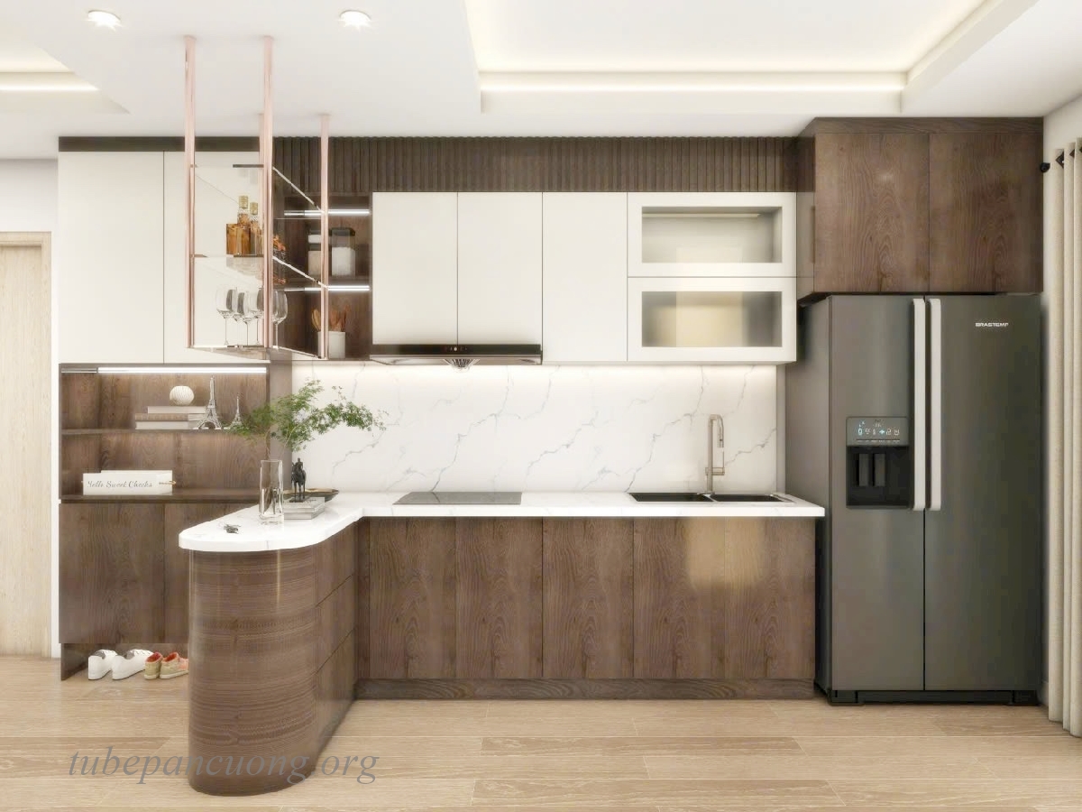 Tủ bếp gỗ nhựa sang trọng màu trắng vân gỗ PM77