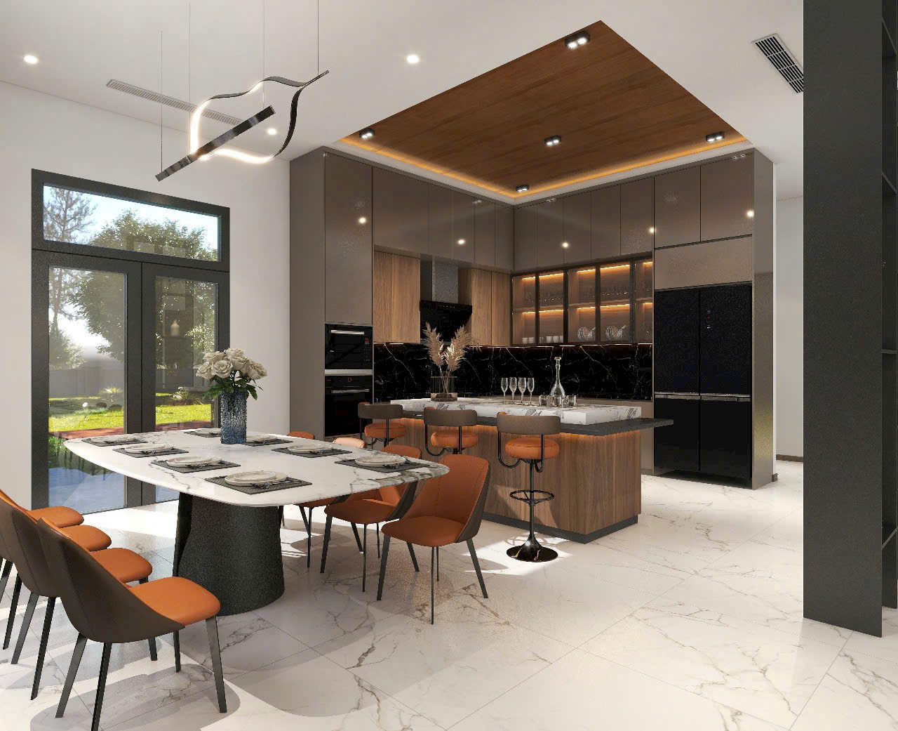 Tủ bếp gỗ nhựa acrylic màu cafe sữa phối vân gỗ nâu