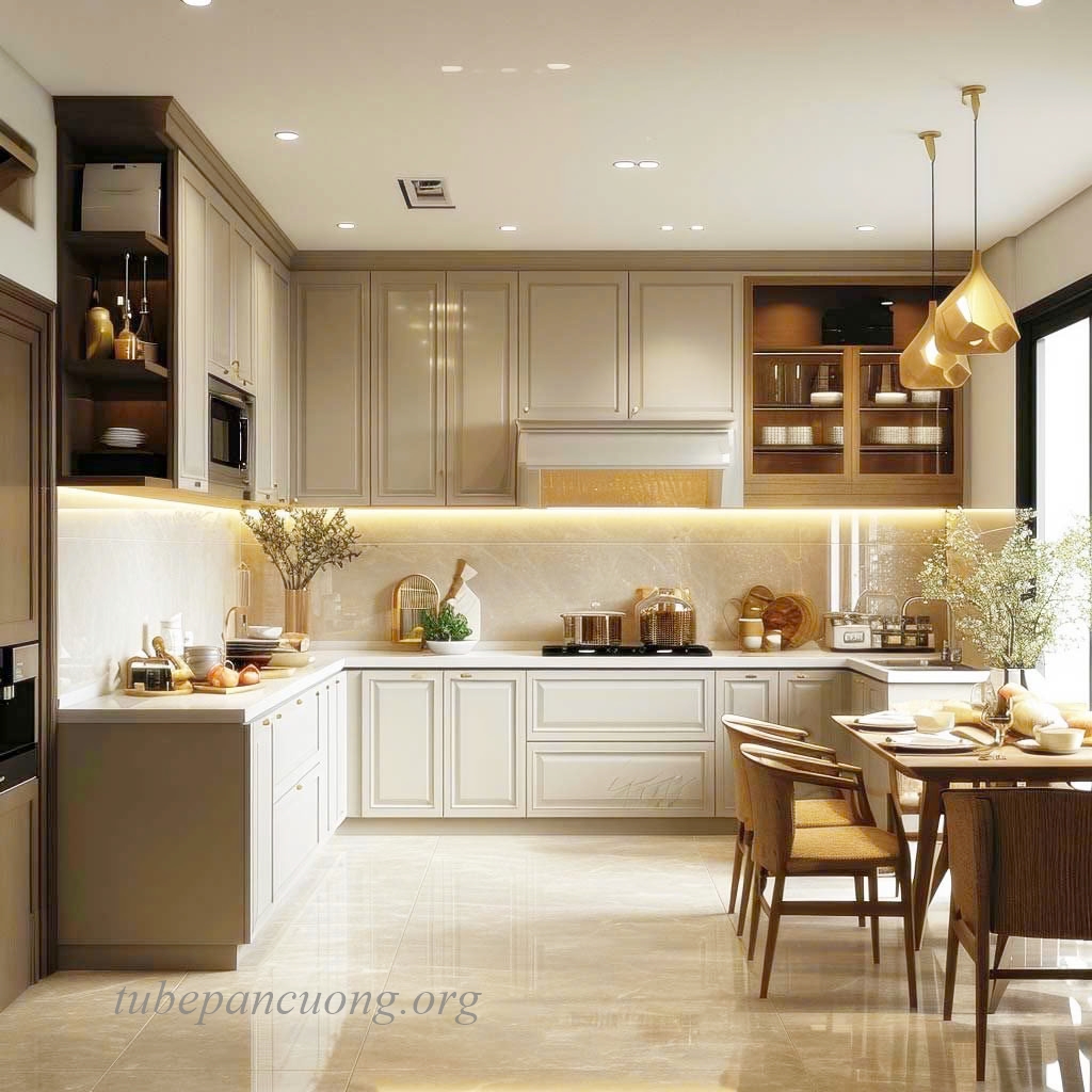 Tủ bếp gỗ nhựa tân cổ điển màu kem PM78