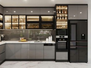 Tủ bếp gỗ nhựa màu ghi sang trọng