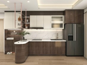 Tủ bếp gỗ nhựa màu trắng vân gỗ sang trọng