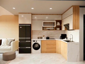 Tủ bếp gỗ nhựa phủ milamine vân gỗ sồi